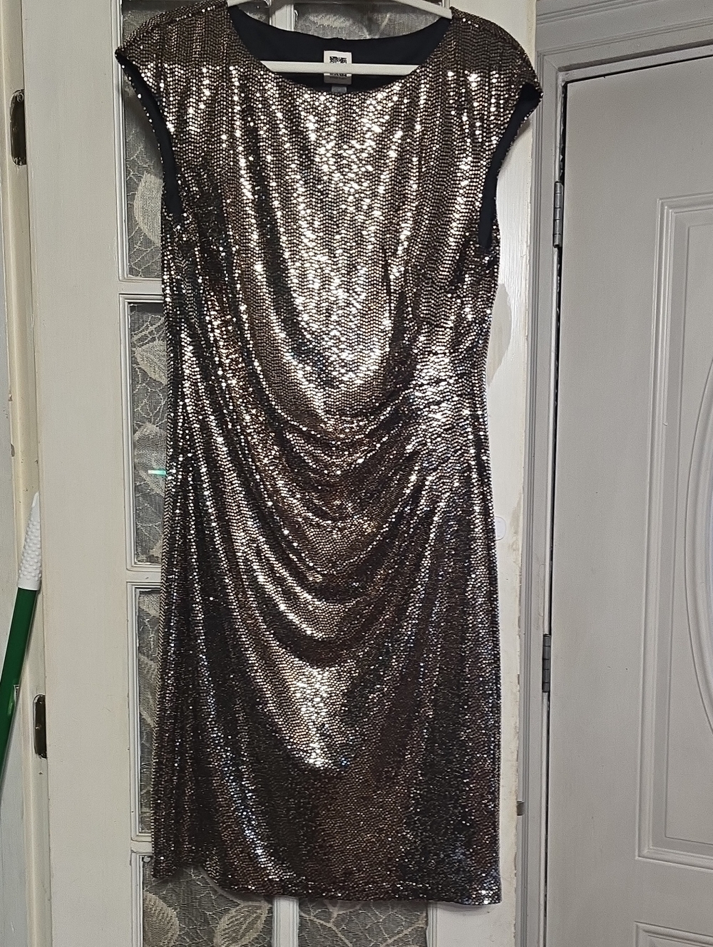 Metallic Sequin Midi Dress with Draped Front